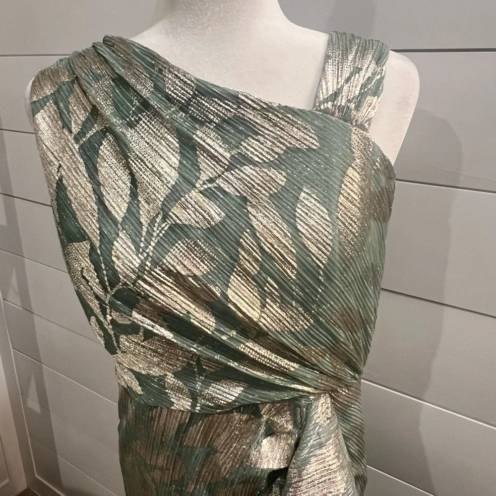 Adrianna Papell One Shoulder Green and Gold Dress - Picture 1 of 9